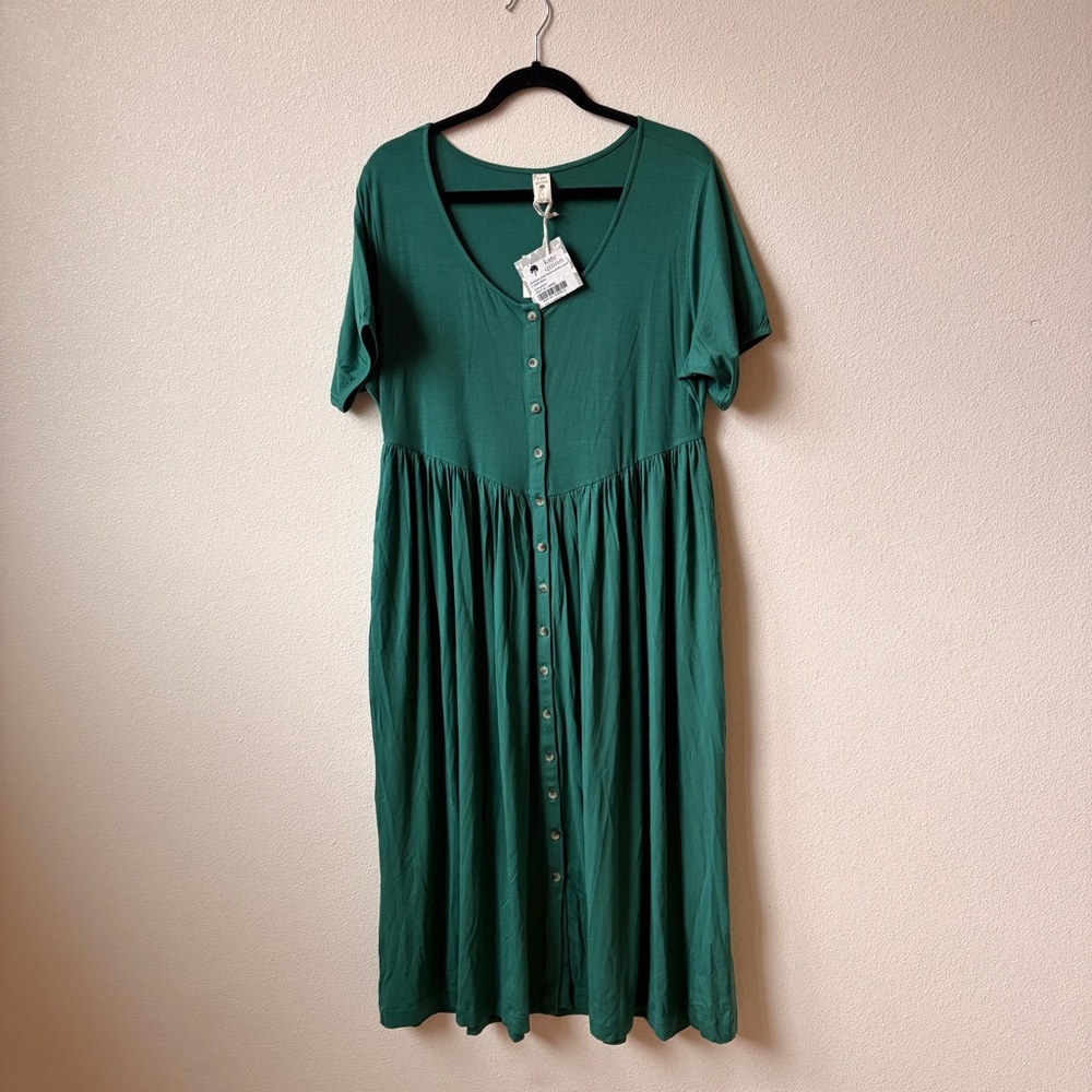 NEW Kate Quinn L Women’s Short Sleeve Button Front V-Waist Dress Evergreen